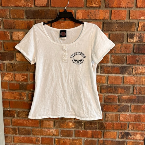 Harley Davidson womens logo bling skull henley short sleeve t-shirt white large - Picture 1 of 5